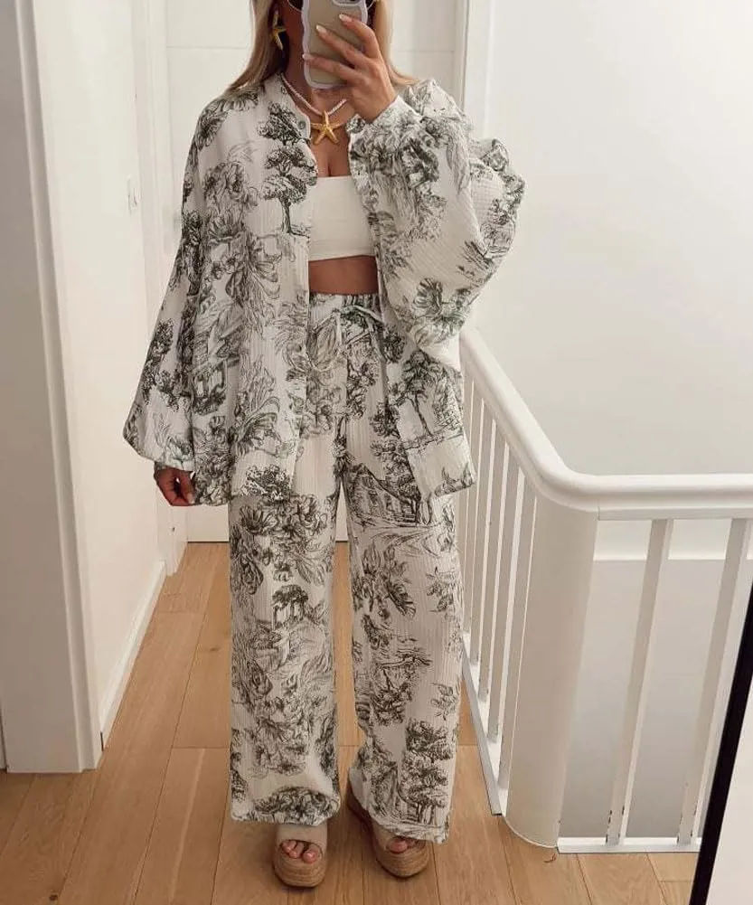 chouyatou Women's Floral Print 2 Piece Outfits Button Down Shirt Wide Leg Pants Casual Lounge Matching Set