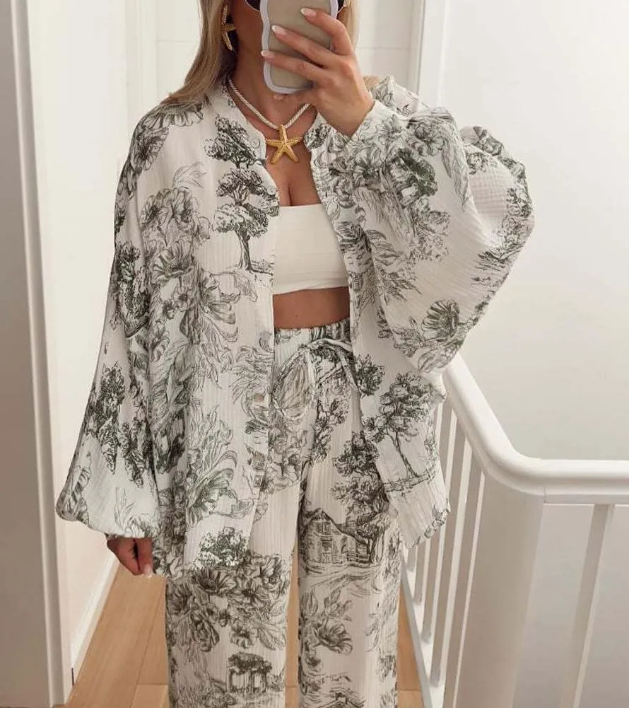 chouyatou Women's Floral Print 2 Piece Outfits Button Down Shirt Wide Leg Pants Casual Lounge Matching Set