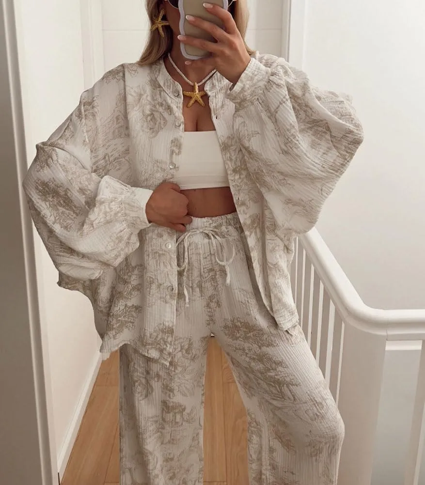chouyatou Women's Floral Print 2 Piece Outfits Button Down Shirt Wide Leg Pants Casual Lounge Matching Set