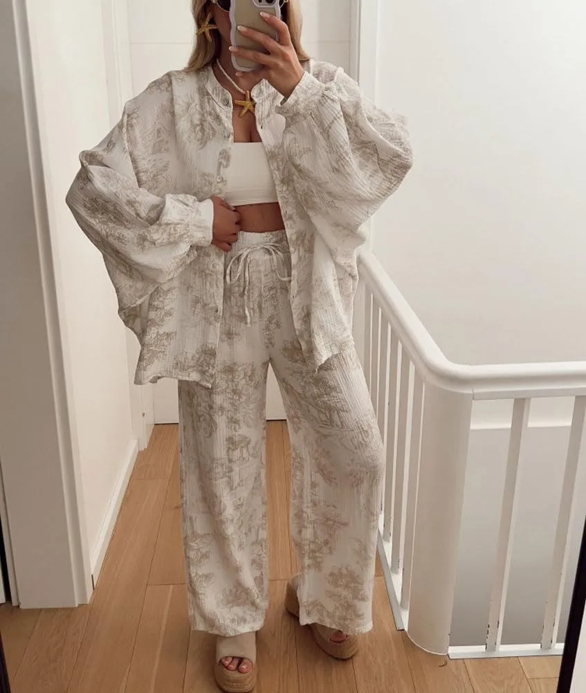 chouyatou Women's Floral Print 2 Piece Outfits Button Down Shirt Wide Leg Pants Casual Lounge Matching Set