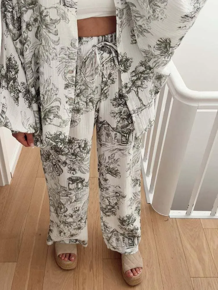 chouyatou Women's Floral Print 2 Piece Outfits Button Down Shirt Wide Leg Pants Casual Lounge Matching Set
