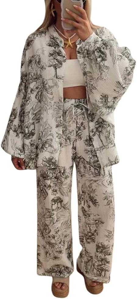 chouyatou Women's Floral Print 2 Piece Outfits Button Down Shirt Wide Leg Pants Casual Lounge Matching Set