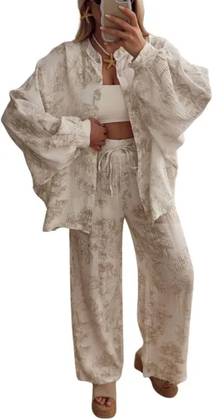 chouyatou Women's Floral Print 2 Piece Outfits Button Down Shirt Wide Leg Pants Casual Lounge Matching Set