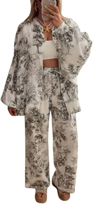 chouyatou Women's Floral Print 2 Piece Outfits Button Down Shirt Wide Leg Pants Casual Lounge Matching Set