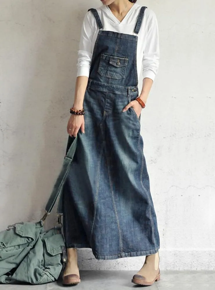 chouyatou Women's Vintage Adjustable Strap Denim Overall Dress Distressed A-Line Pinafore Bib Jean Dress