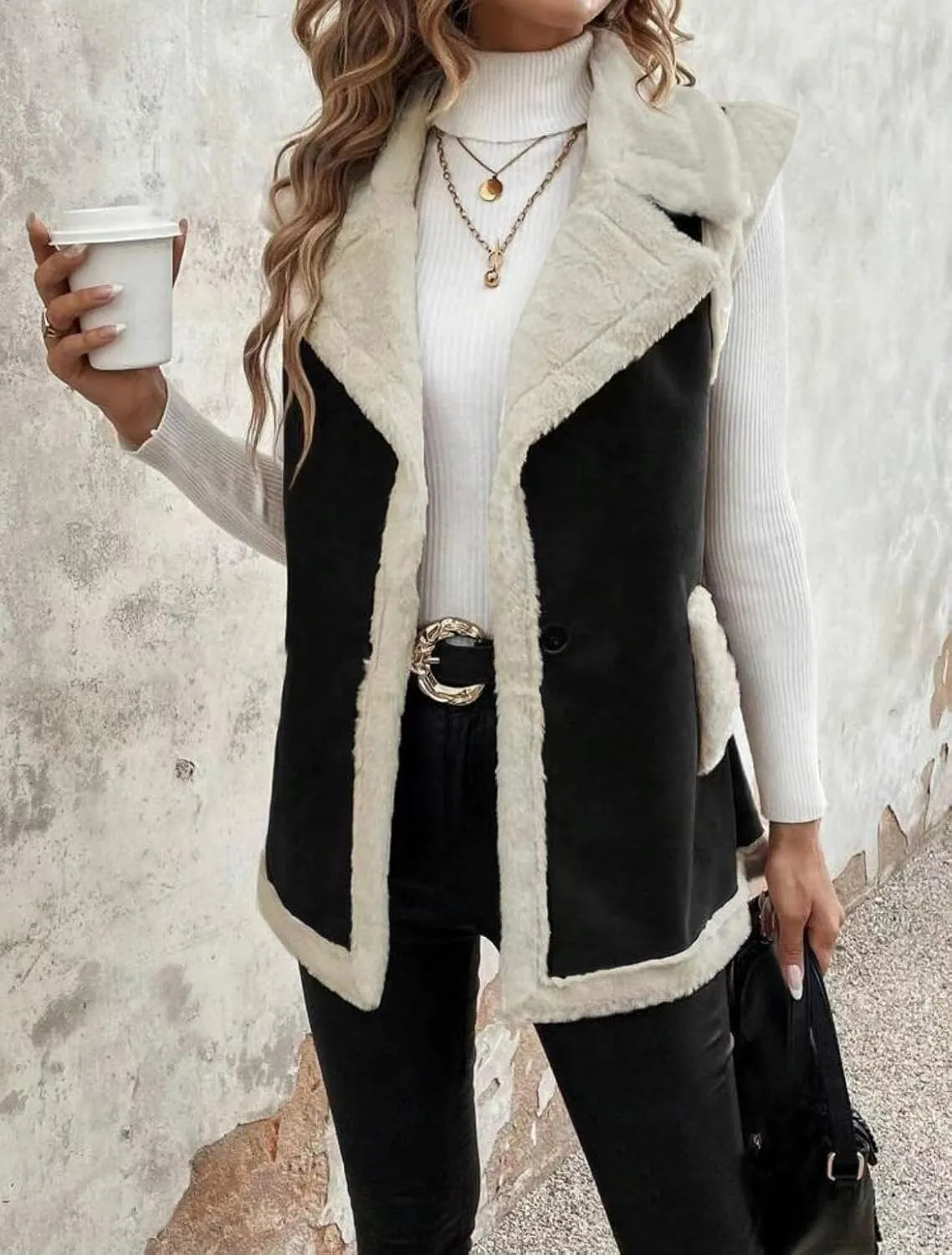 chouyatou Women's Winter Faux Suede Leather Vest Button Up Fuzzy Fleece Sleeveless Sherpa Jacket with Pockets
