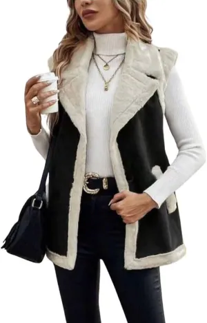chouyatou Women's Winter Faux Suede Leather Vest Button Up Fuzzy Fleece Sleeveless Sherpa Jacket with Pockets