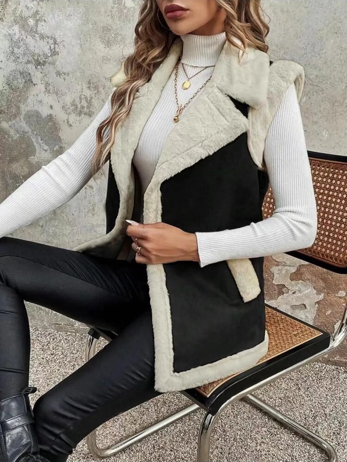 chouyatou Women's Winter Faux Suede Leather Vest Button Up Fuzzy Fleece Sleeveless Sherpa Jacket with Pockets