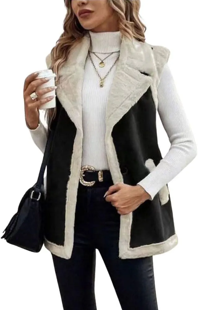 chouyatou Women's Winter Faux Suede Leather Vest Button Up Fuzzy Fleece Sleeveless Sherpa Jacket with Pockets