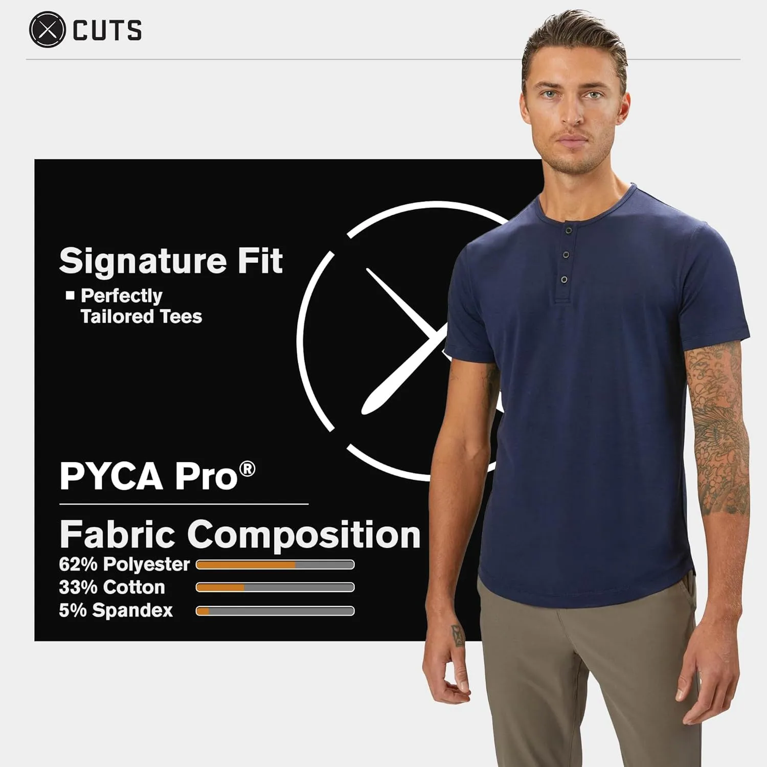 Clothing Men's Premium AO Henley Casual Short Sleeve T-Shirt | Classic Curve-Hem | PYCA Pro Soft Fabric