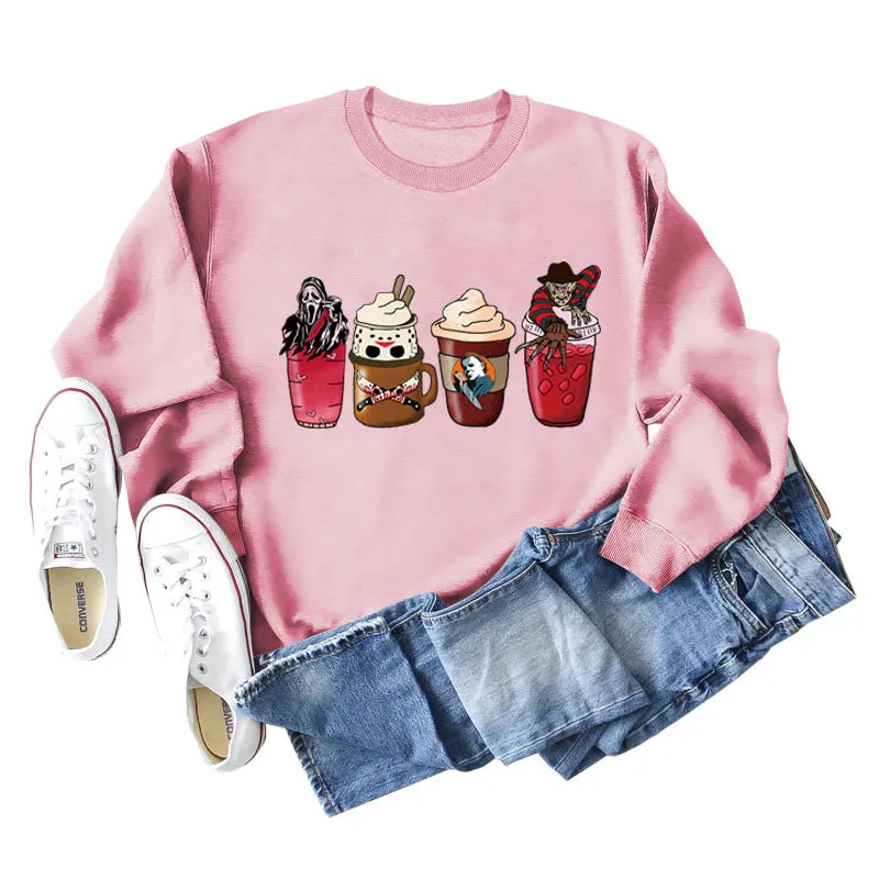 Coffee Ghost Print Round Neck Loose Fall and Winter Bottoming Long-sleeved Large Size Sweater