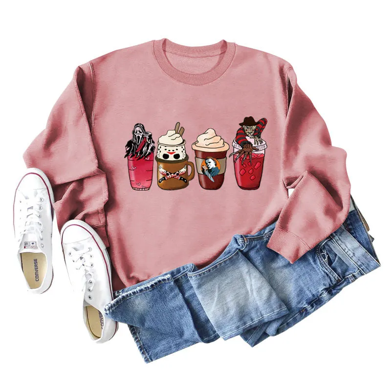 Coffee Ghost Print Round Neck Loose Fall and Winter Bottoming Long-sleeved Large Size Sweater