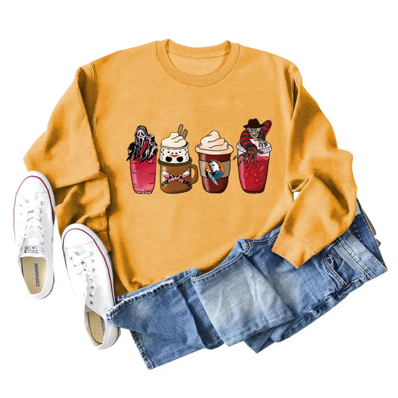 Coffee Ghost Print Round Neck Loose Fall and Winter Bottoming Long-sleeved Large Size Sweater