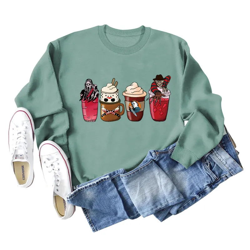 Coffee Ghost Print Round Neck Loose Fall and Winter Bottoming Long-sleeved Large Size Sweater