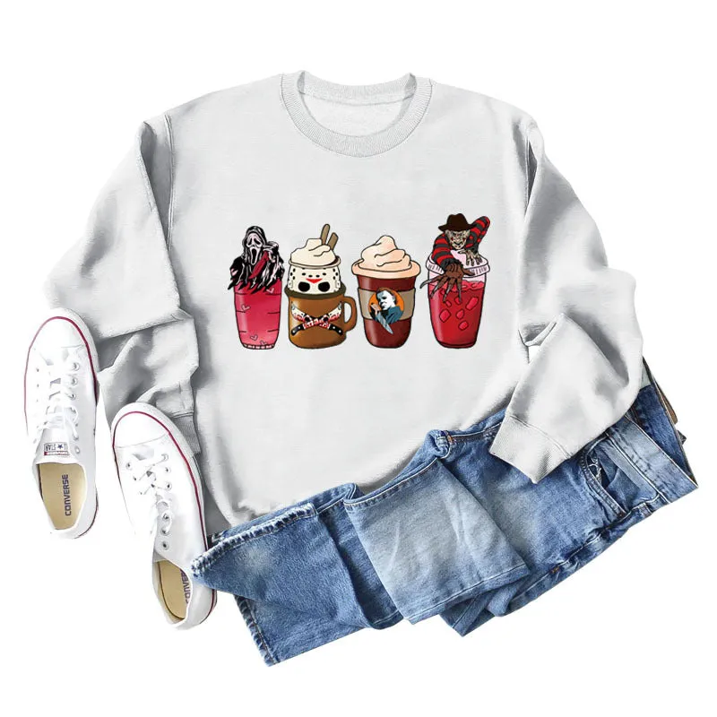 Coffee Ghost Print Round Neck Loose Fall and Winter Bottoming Long-sleeved Large Size Sweater