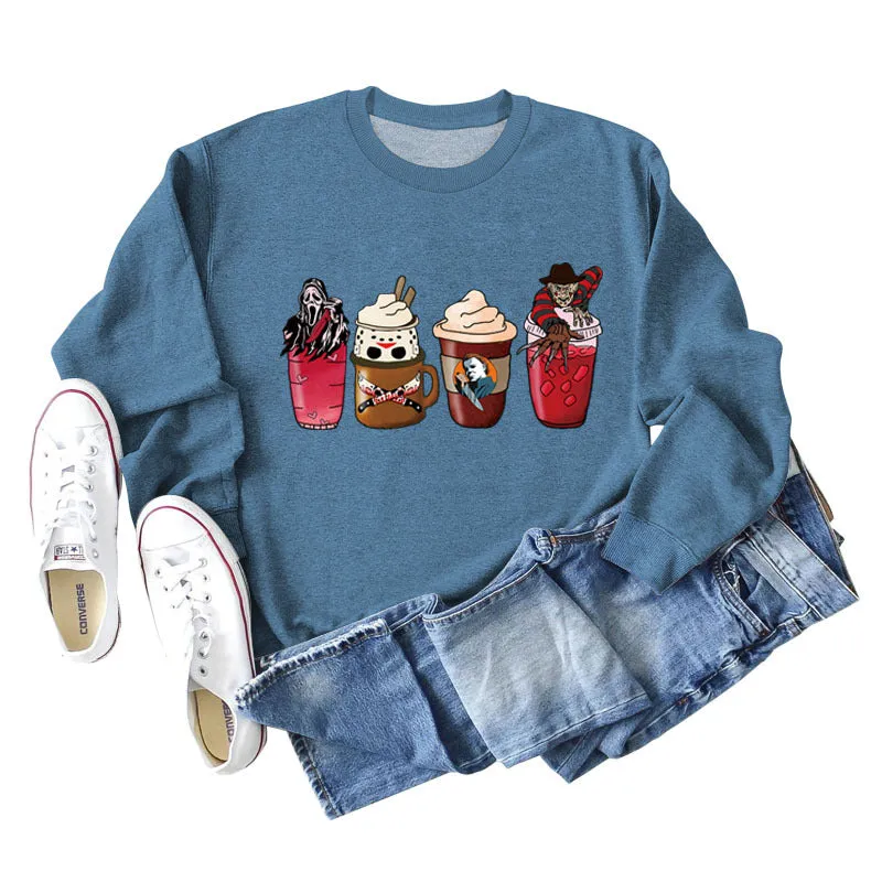 Coffee Ghost Print Round Neck Loose Fall and Winter Bottoming Long-sleeved Large Size Sweater