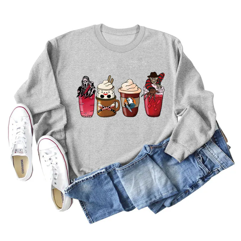 Coffee Ghost Print Round Neck Loose Fall and Winter Bottoming Long-sleeved Large Size Sweater