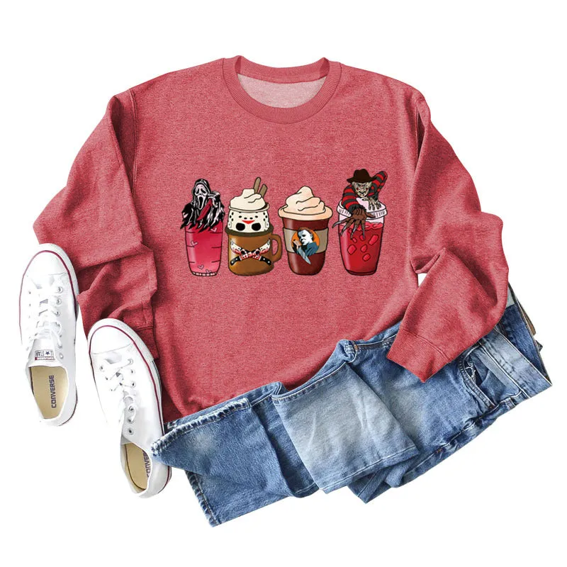 Coffee Ghost Print Round Neck Loose Fall and Winter Bottoming Long-sleeved Large Size Sweater