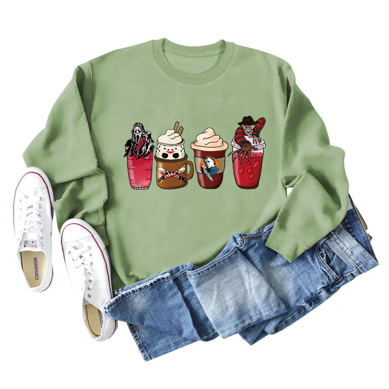 Coffee Ghost Print Round Neck Loose Fall and Winter Bottoming Long-sleeved Large Size Sweater