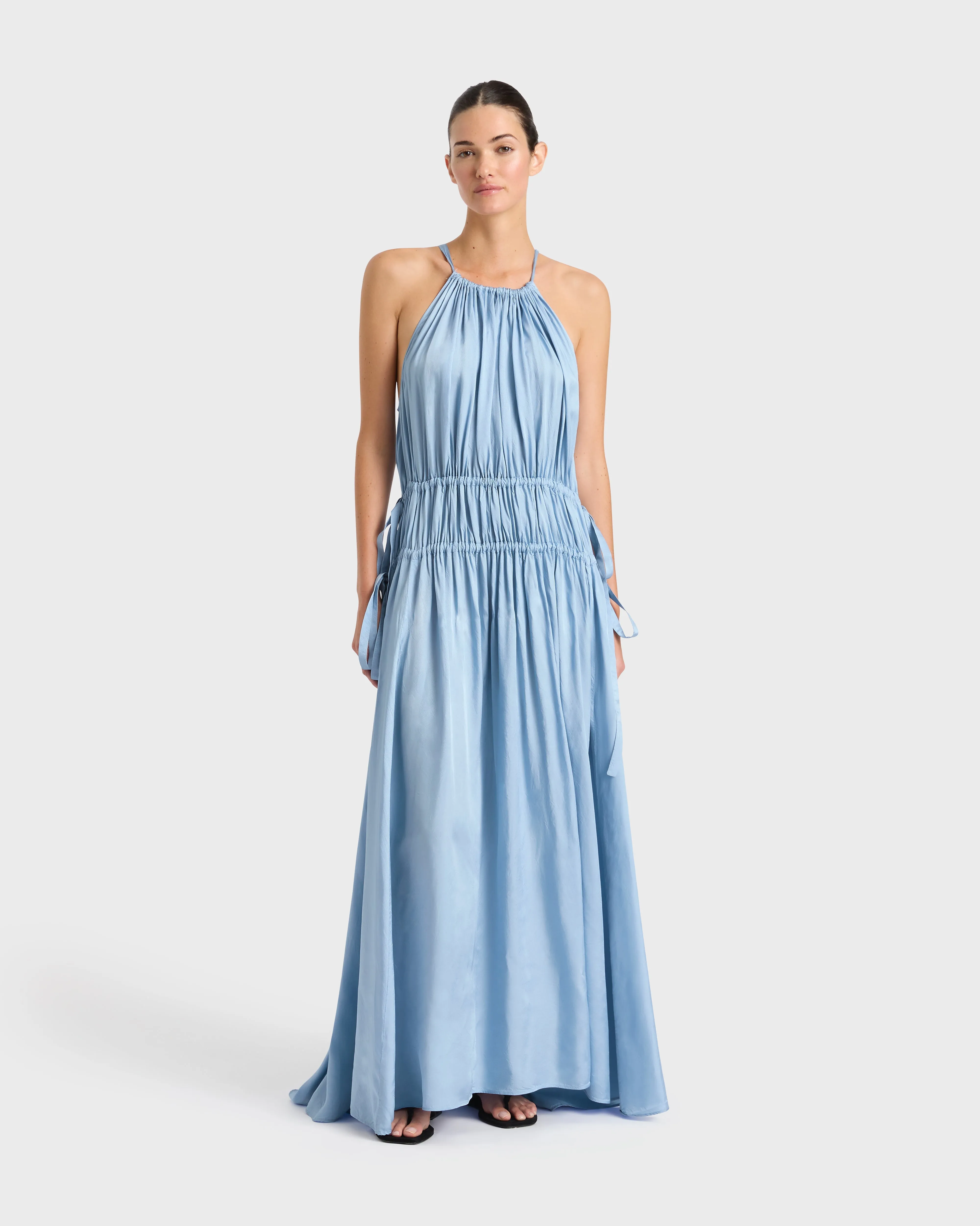 Como Tie Gathered Maxi Dress - Sky Blue