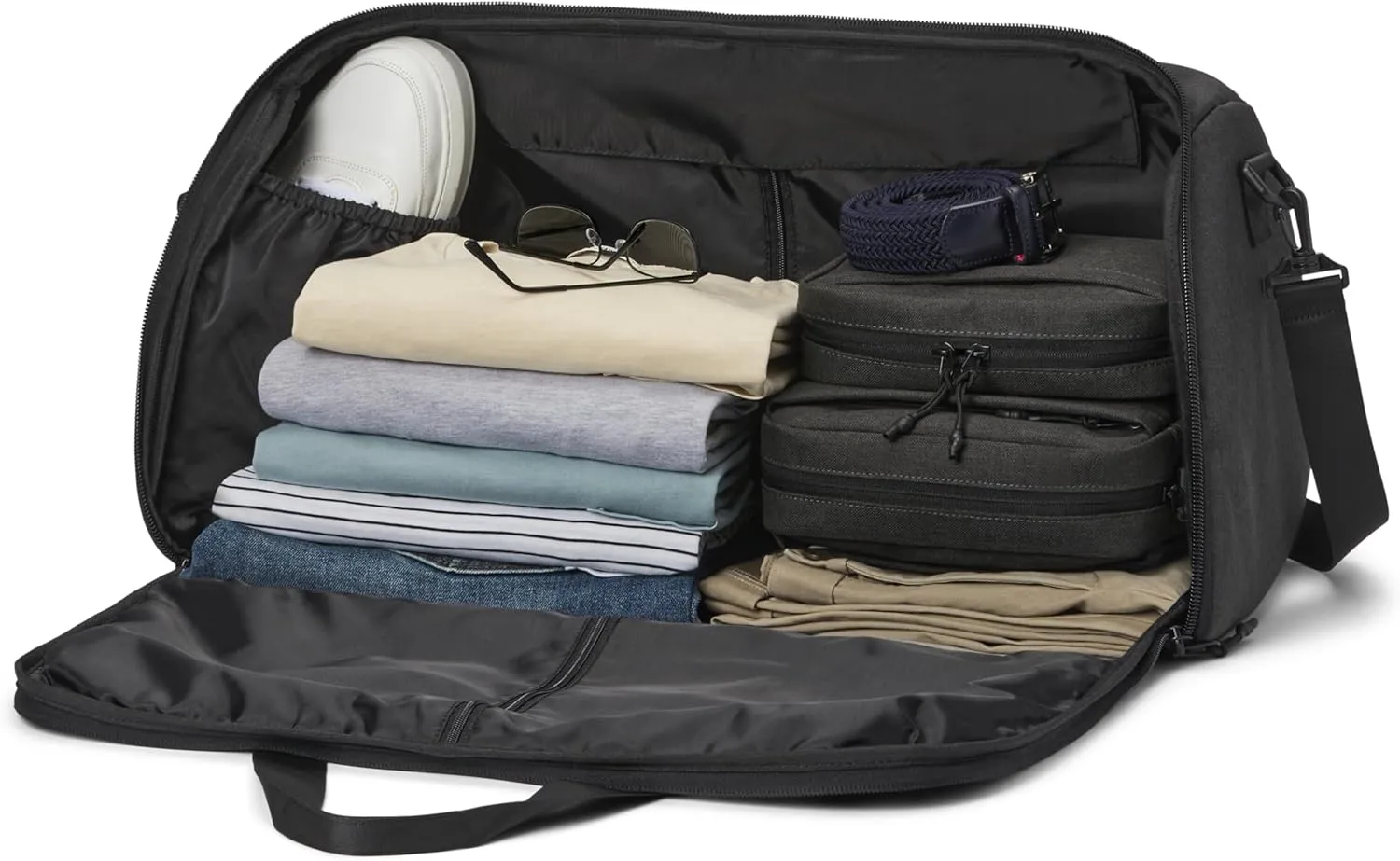 Convertible Garment Duffel Bag 45L  2-in-1 Carry-On Suit Travel Bag with Wrinkle-Free Hanging Compartment, Shoe Pockets & Trolley Sleeve  Weekender for Business Trips, Weddings & Getaways  Shadow