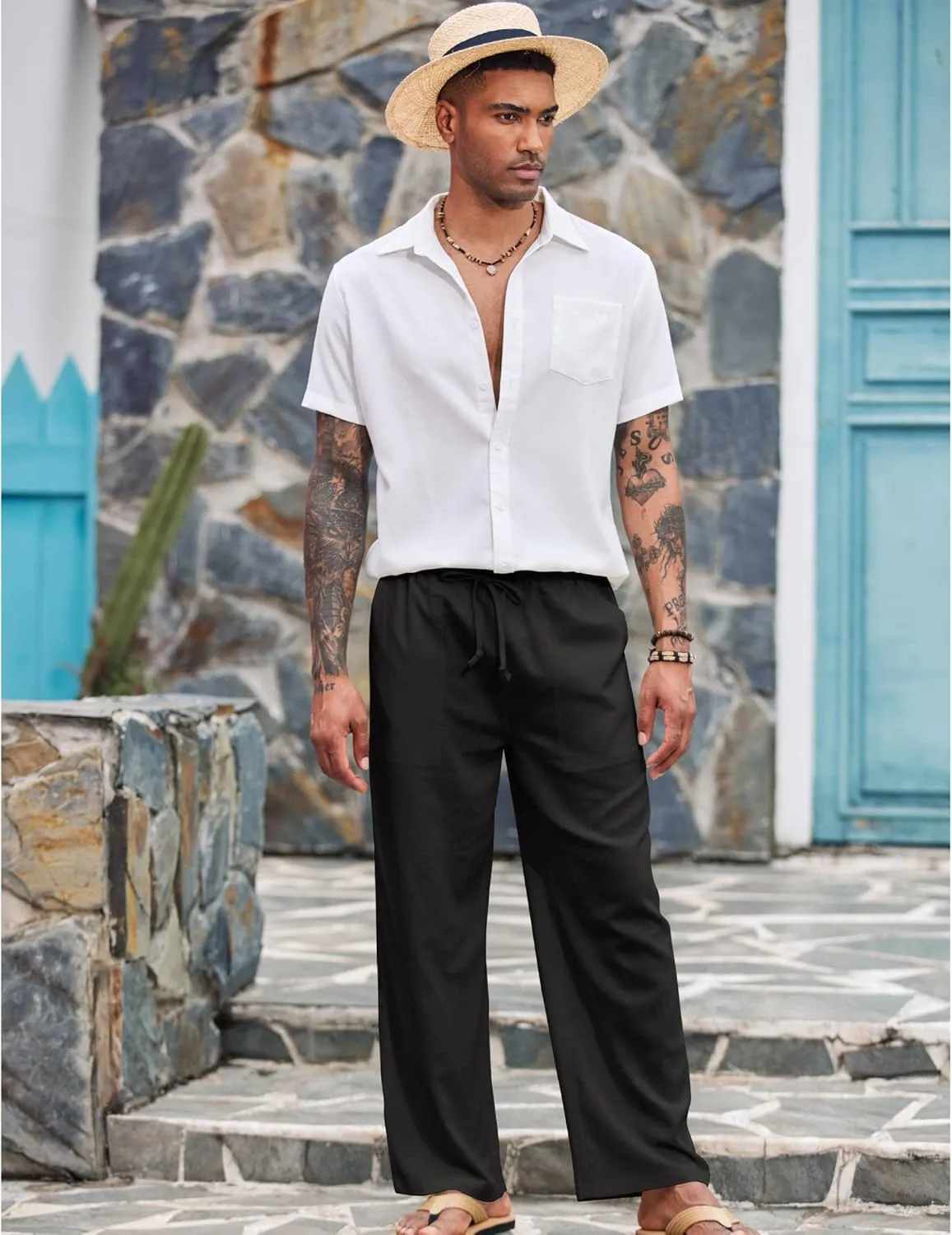 COOFANDY Mens Casual Linen Pants Elastic Waist Linen Pants Drawstring Summer Beach Yoga Linen Trouser