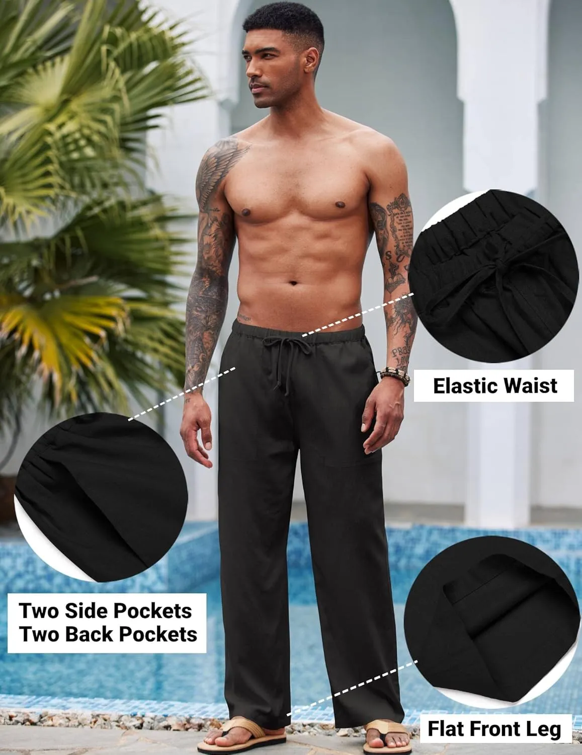 COOFANDY Mens Casual Linen Pants Elastic Waist Linen Pants Drawstring Summer Beach Yoga Linen Trouser