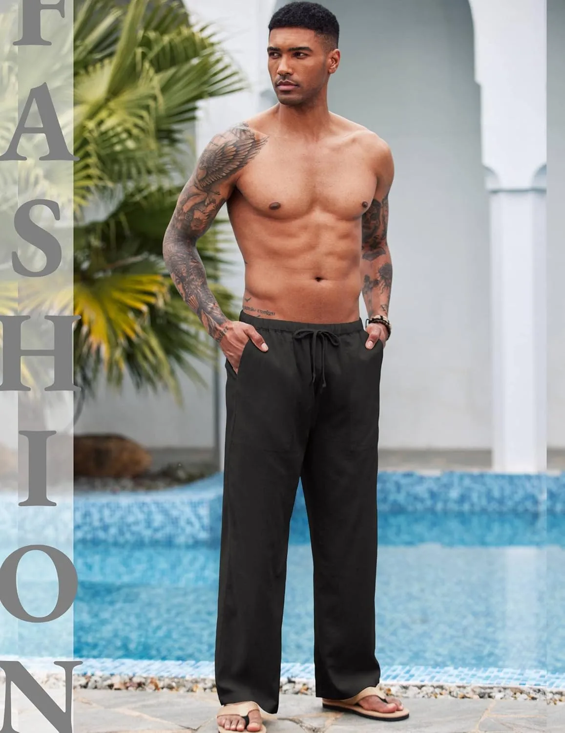 COOFANDY Mens Casual Linen Pants Elastic Waist Linen Pants Drawstring Summer Beach Yoga Linen Trouser