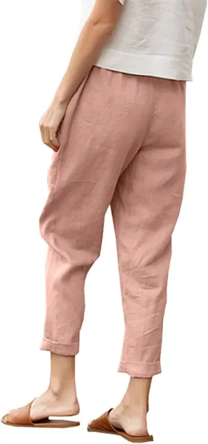 Costaric Womens Summer Casual Linen Capris Pant High Elastic Waist Comfy Loose Wide Leg Beach Linen Trousers with Pockets