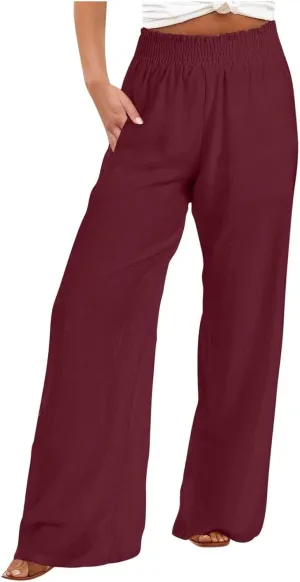 Cotton Linen Palazzo Pants for Women Baggy High Waisted Dress Pants Casual Flowy Beach Wide Leg Pants with Pockets