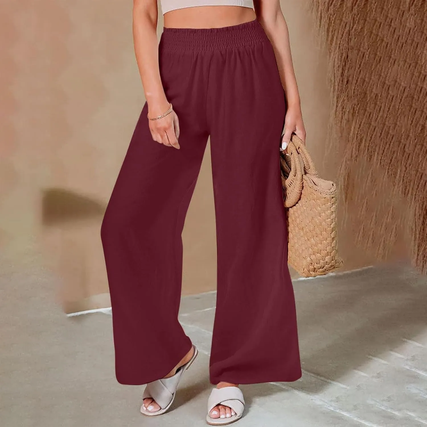 Cotton Linen Palazzo Pants for Women Baggy High Waisted Dress Pants Casual Flowy Beach Wide Leg Pants with Pockets