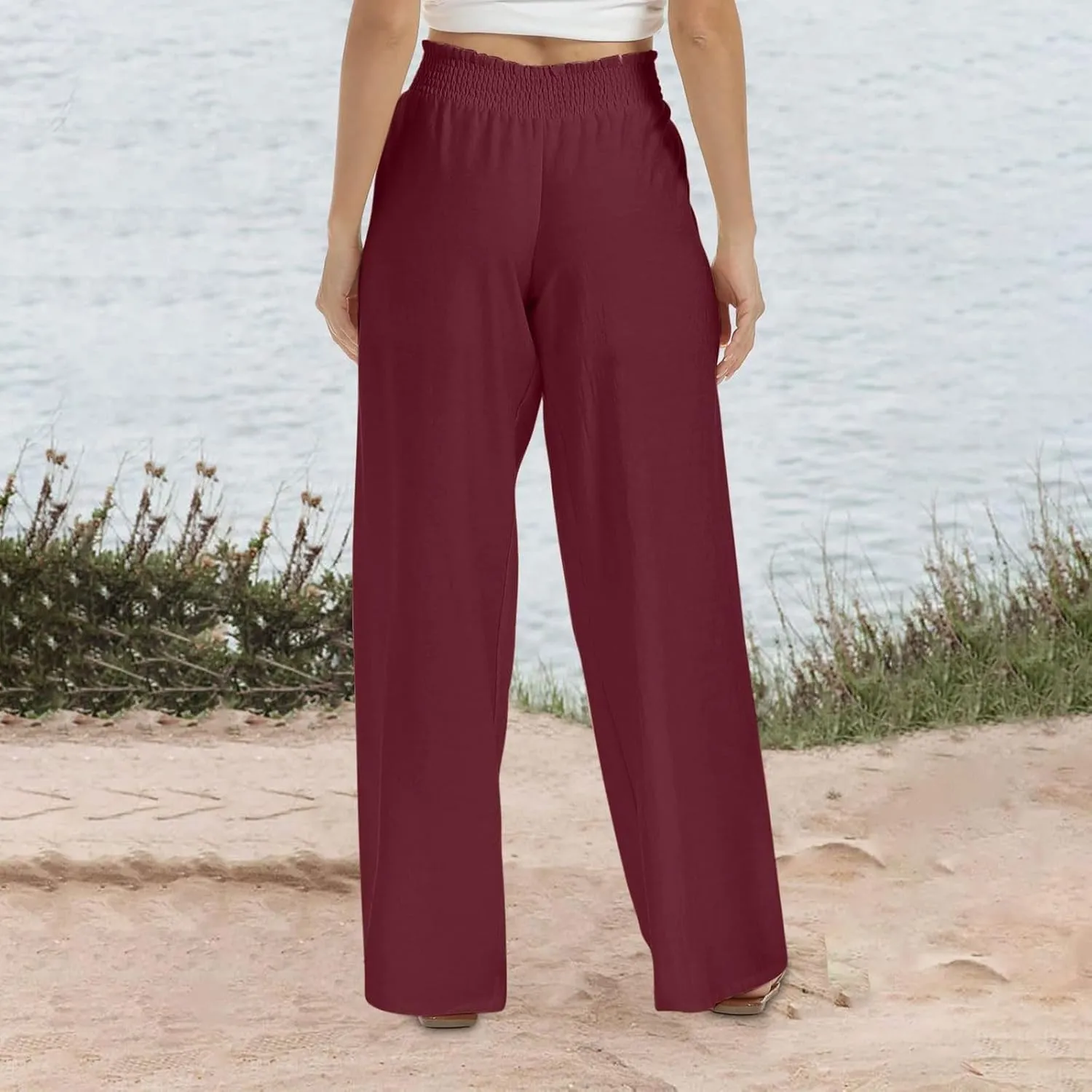 Cotton Linen Palazzo Pants for Women Baggy High Waisted Dress Pants Casual Flowy Beach Wide Leg Pants with Pockets