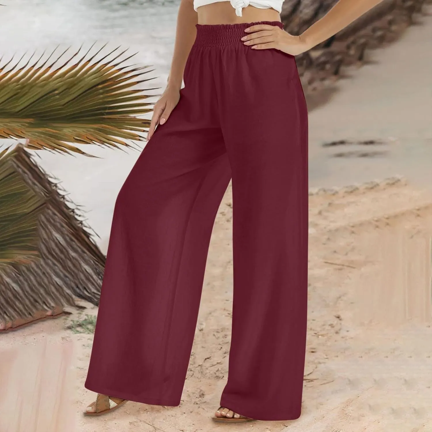 Cotton Linen Palazzo Pants for Women Baggy High Waisted Dress Pants Casual Flowy Beach Wide Leg Pants with Pockets