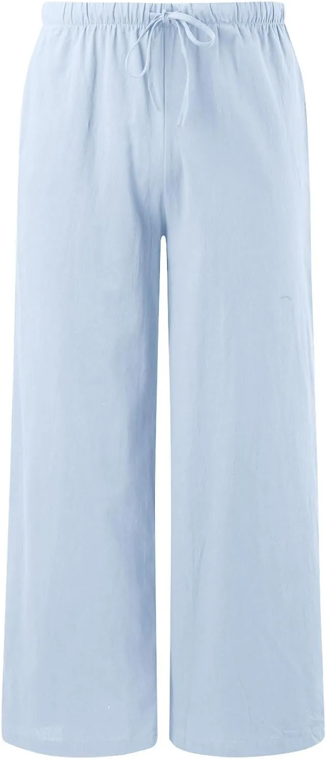 Cotton Linen Pants for Women Flowy Summer Pants Wide Leg Beach Trousers with Pockets