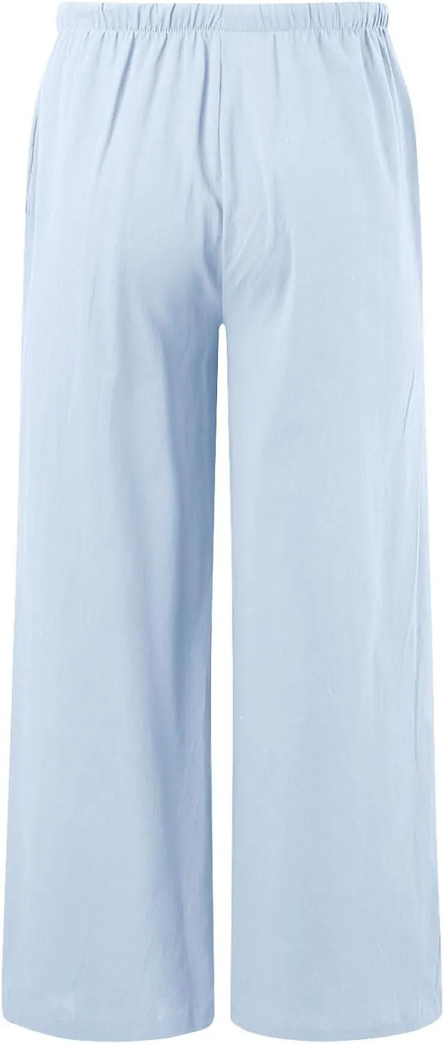 Cotton Linen Pants for Women Flowy Summer Pants Wide Leg Beach Trousers with Pockets
