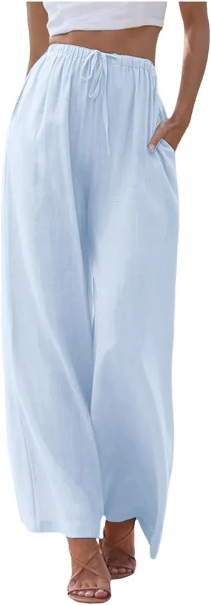 Cotton Linen Pants for Women Flowy Summer Pants Wide Leg Beach Trousers with Pockets