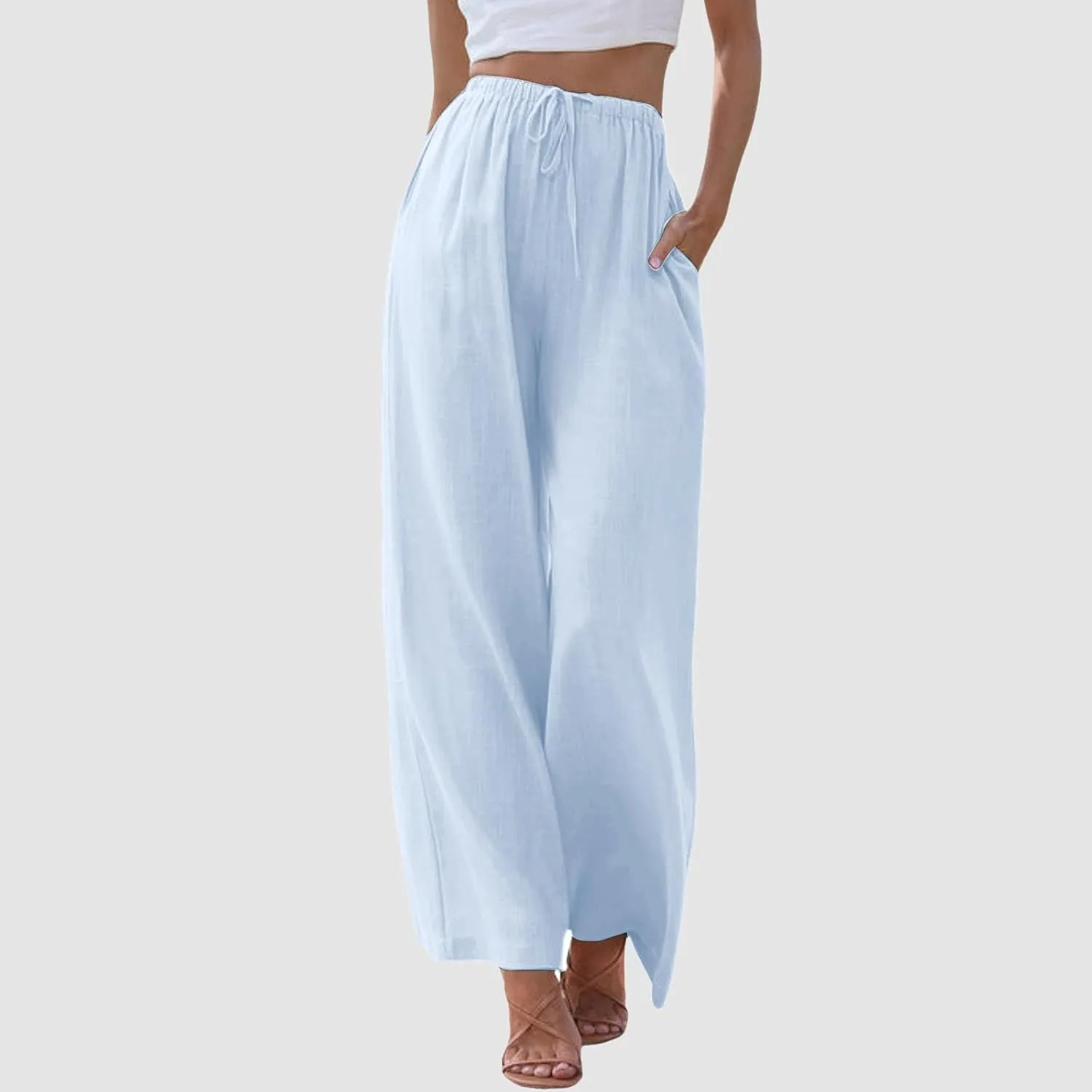 Cotton Linen Pants for Women Flowy Summer Pants Wide Leg Beach Trousers with Pockets