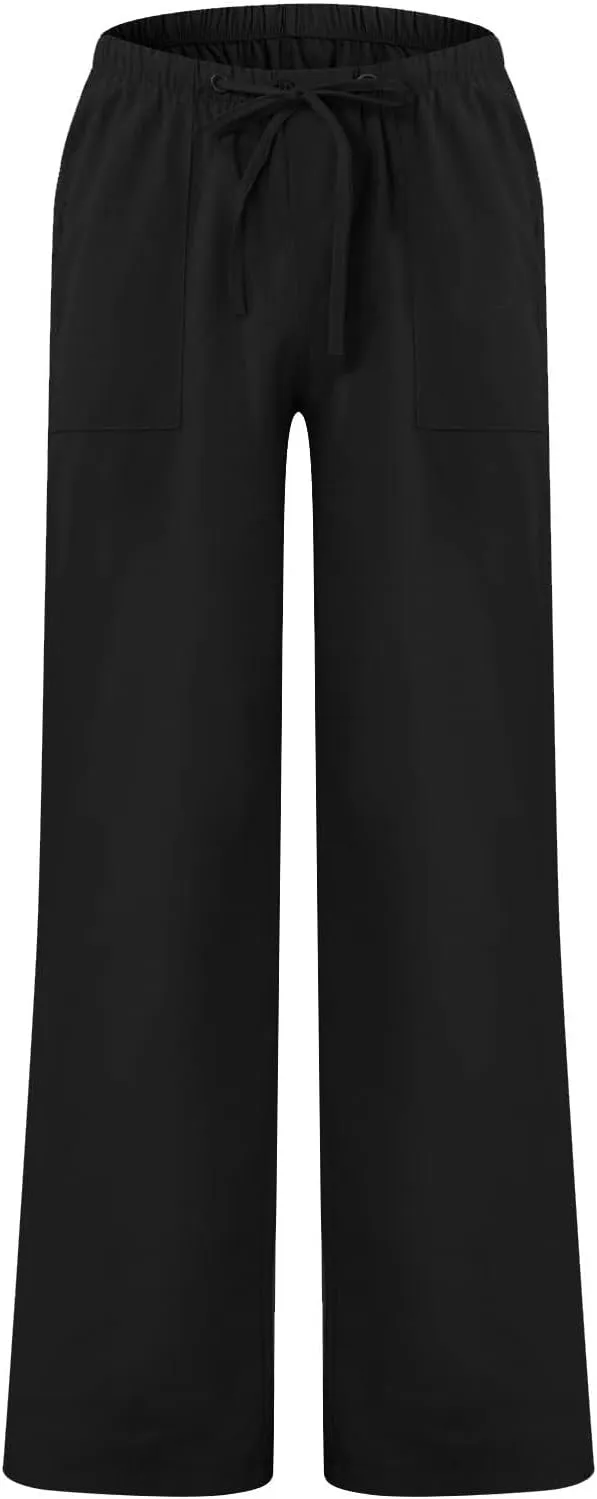 Cotton Linen Pants Men Plus Size Summer Beach Linen Pants Drawstring Elastic Waist Comfy Palazzo Pants with Pockets
