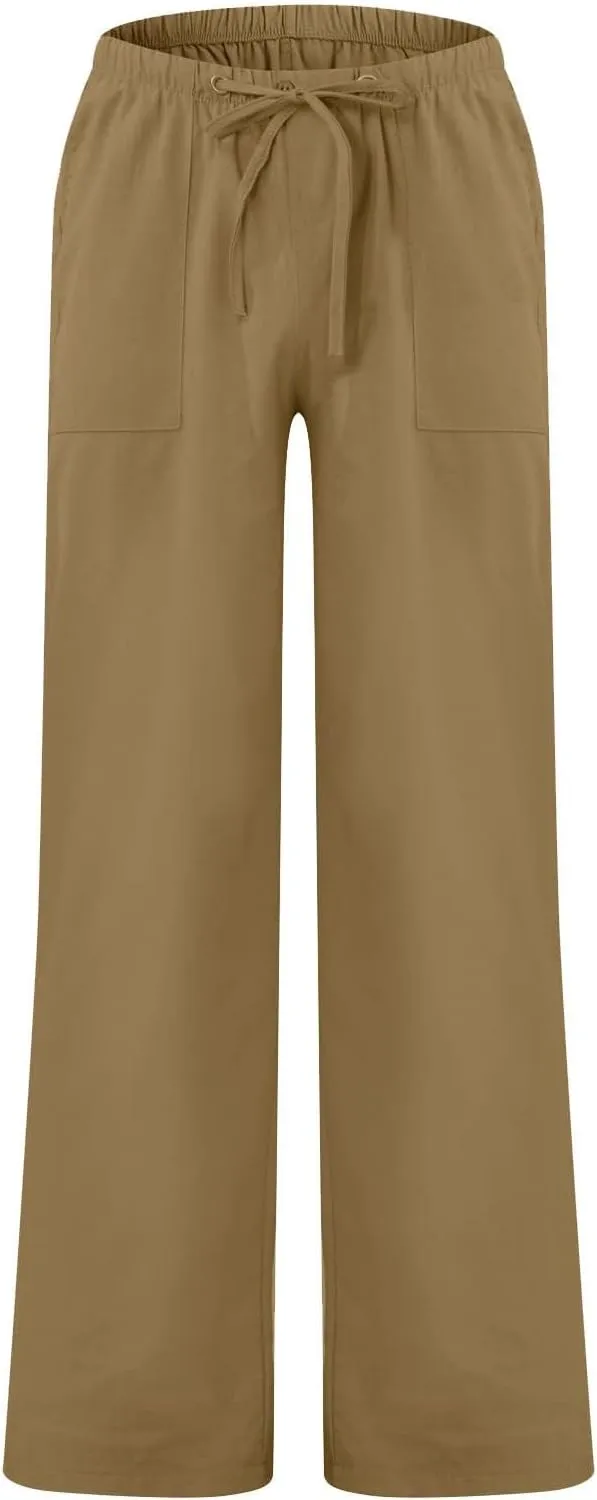 Cotton Linen Pants Men Plus Size Summer Beach Linen Pants Drawstring Elastic Waist Comfy Palazzo Pants with Pockets