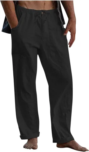 Cotton Linen Pants Men Plus Size Summer Beach Linen Pants Drawstring Elastic Waist Comfy Palazzo Pants with Pockets