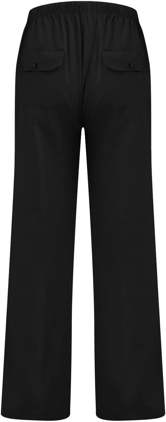 Cotton Linen Pants Men Plus Size Summer Beach Linen Pants Drawstring Elastic Waist Comfy Palazzo Pants with Pockets