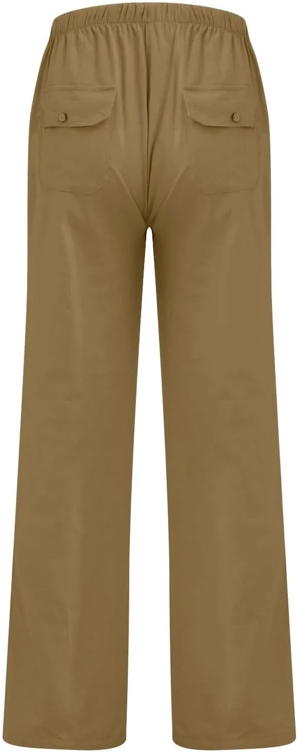 Cotton Linen Pants Men Plus Size Summer Beach Linen Pants Drawstring Elastic Waist Comfy Palazzo Pants with Pockets