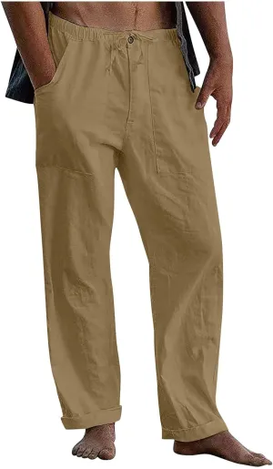 Cotton Linen Pants Men Plus Size Summer Beach Linen Pants Drawstring Elastic Waist Comfy Palazzo Pants with Pockets