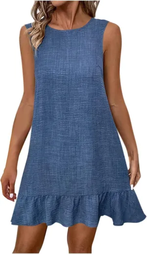 Cute Ruffle Hem Sundress for Women Summer Bowtie Backless Sleeveless Crewneck Mini Dresses Casual Beach A-Line Dress