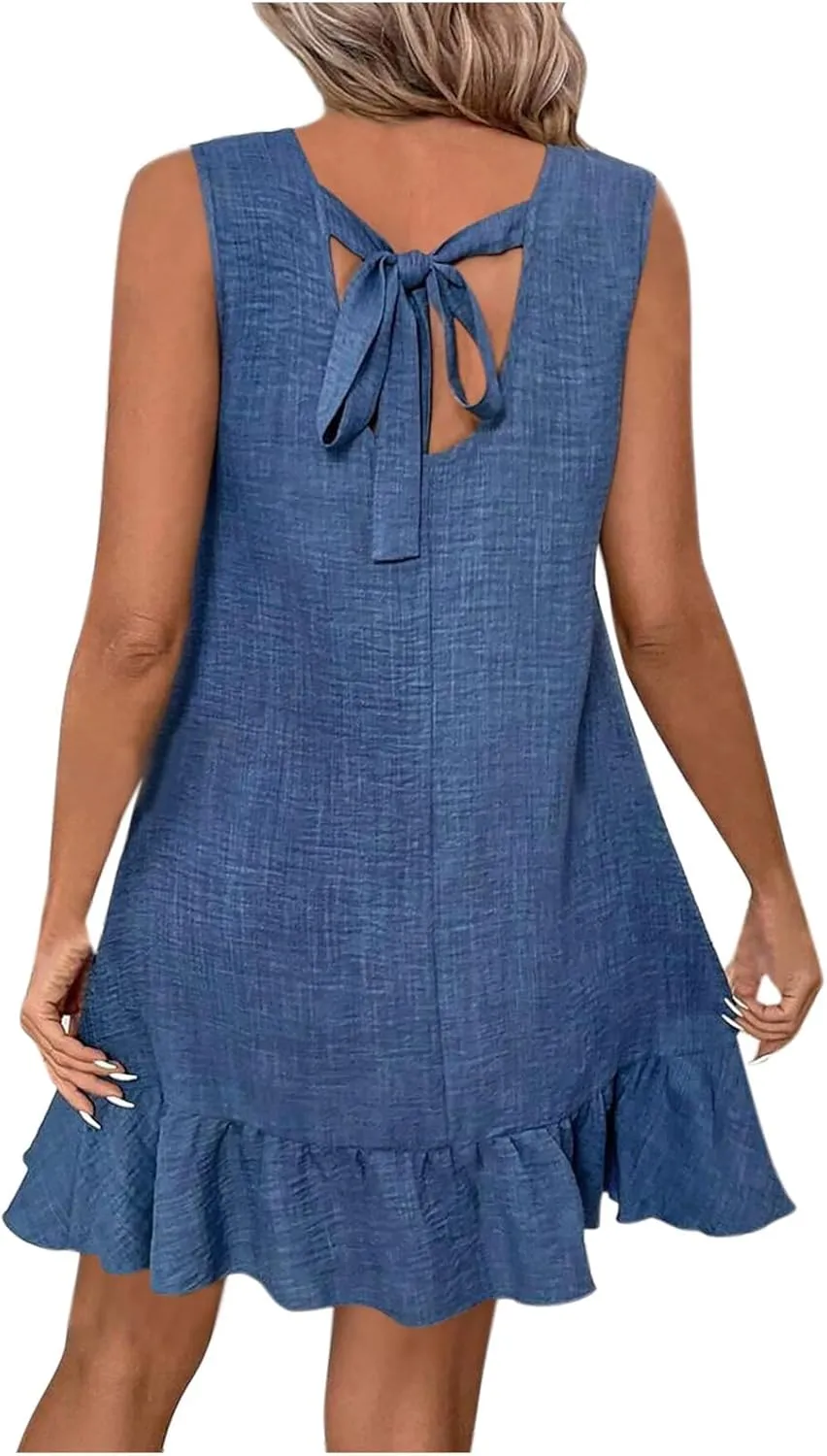 Cute Ruffle Hem Sundress for Women Summer Bowtie Backless Sleeveless Crewneck Mini Dresses Casual Beach A-Line Dress