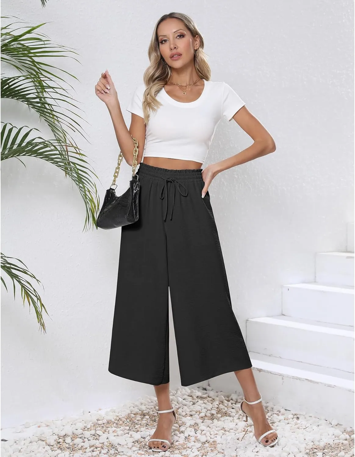 CZYINXIAN Womens Flowy Wide Leg Pants Casual Summer Beach Elastic Waist Trousers Trendy Business Work Pants with Pockets