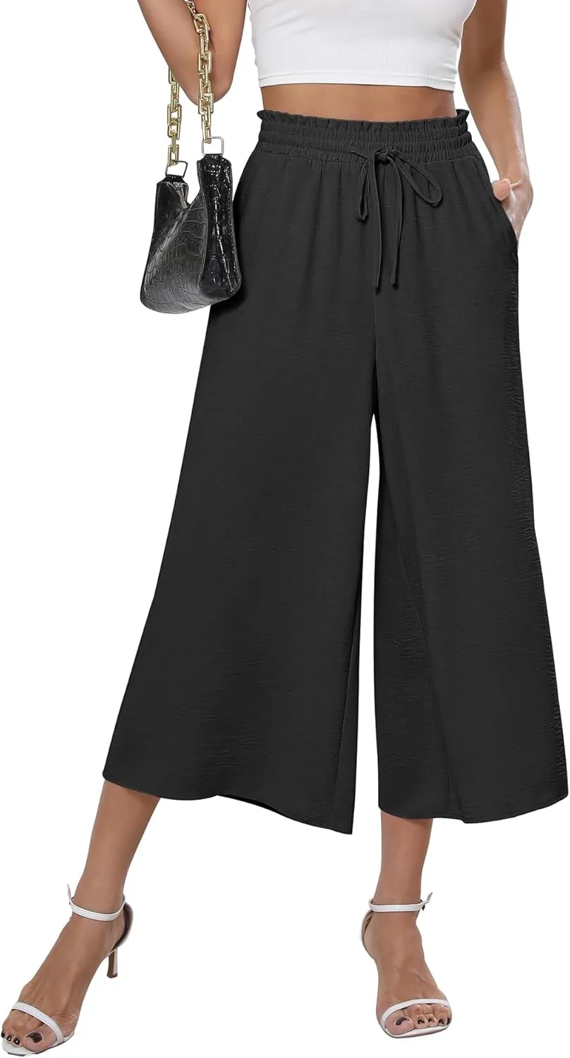 CZYINXIAN Womens Flowy Wide Leg Pants Casual Summer Beach Elastic Waist Trousers Trendy Business Work Pants with Pockets