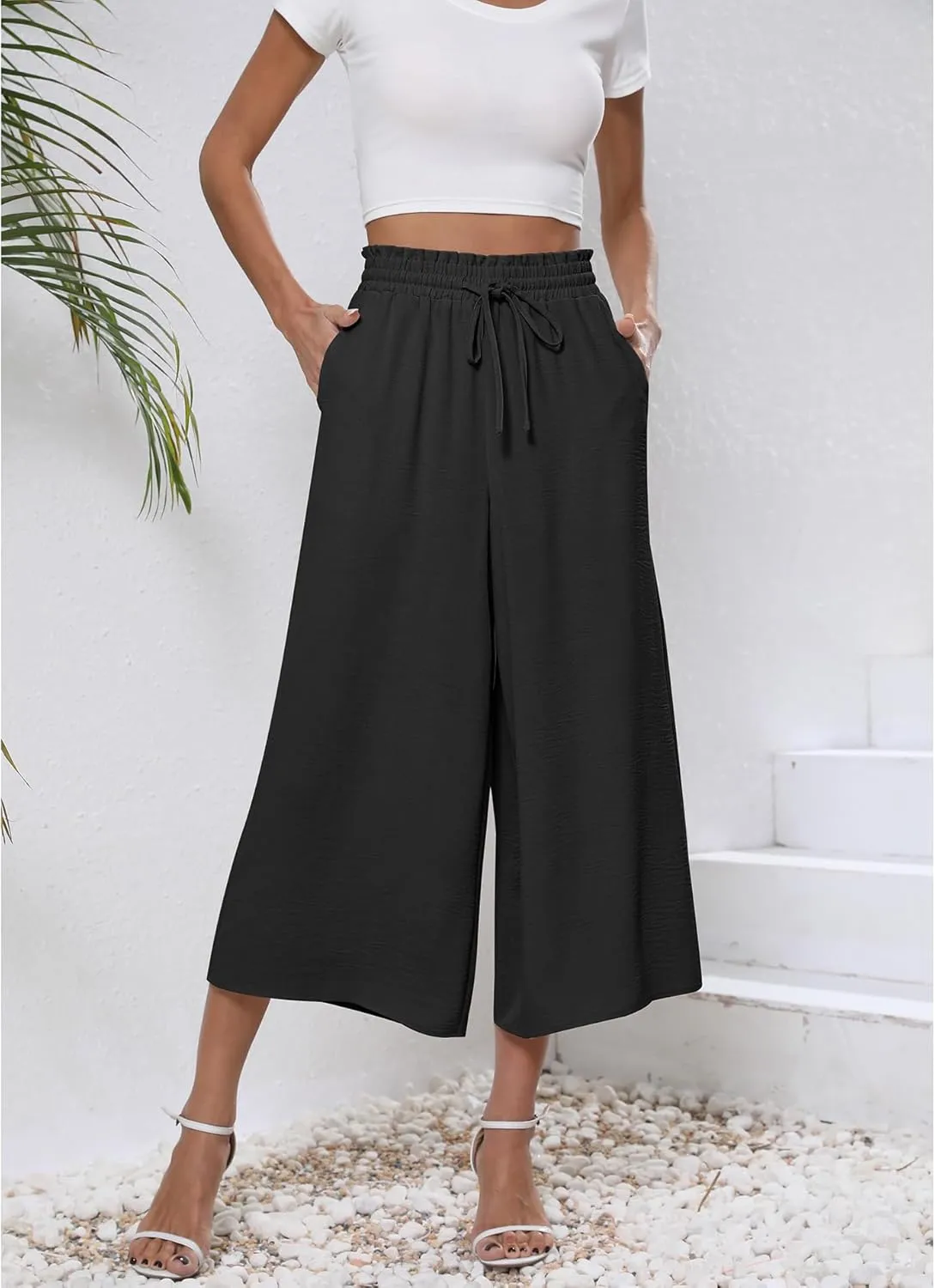 CZYINXIAN Womens Flowy Wide Leg Pants Casual Summer Beach Elastic Waist Trousers Trendy Business Work Pants with Pockets