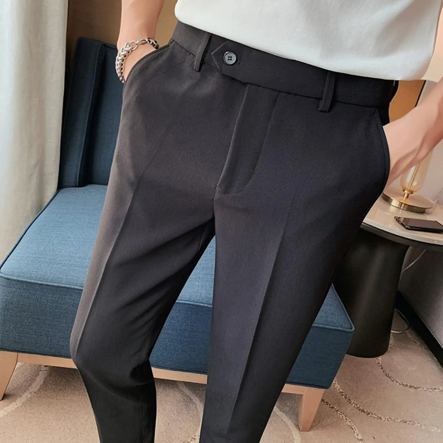 DGHM-JLMY Men's Summer Thin British Cropped Pants Slim Fit Ankle-Length Dress Pants Stretch Cropped Skinny Pants