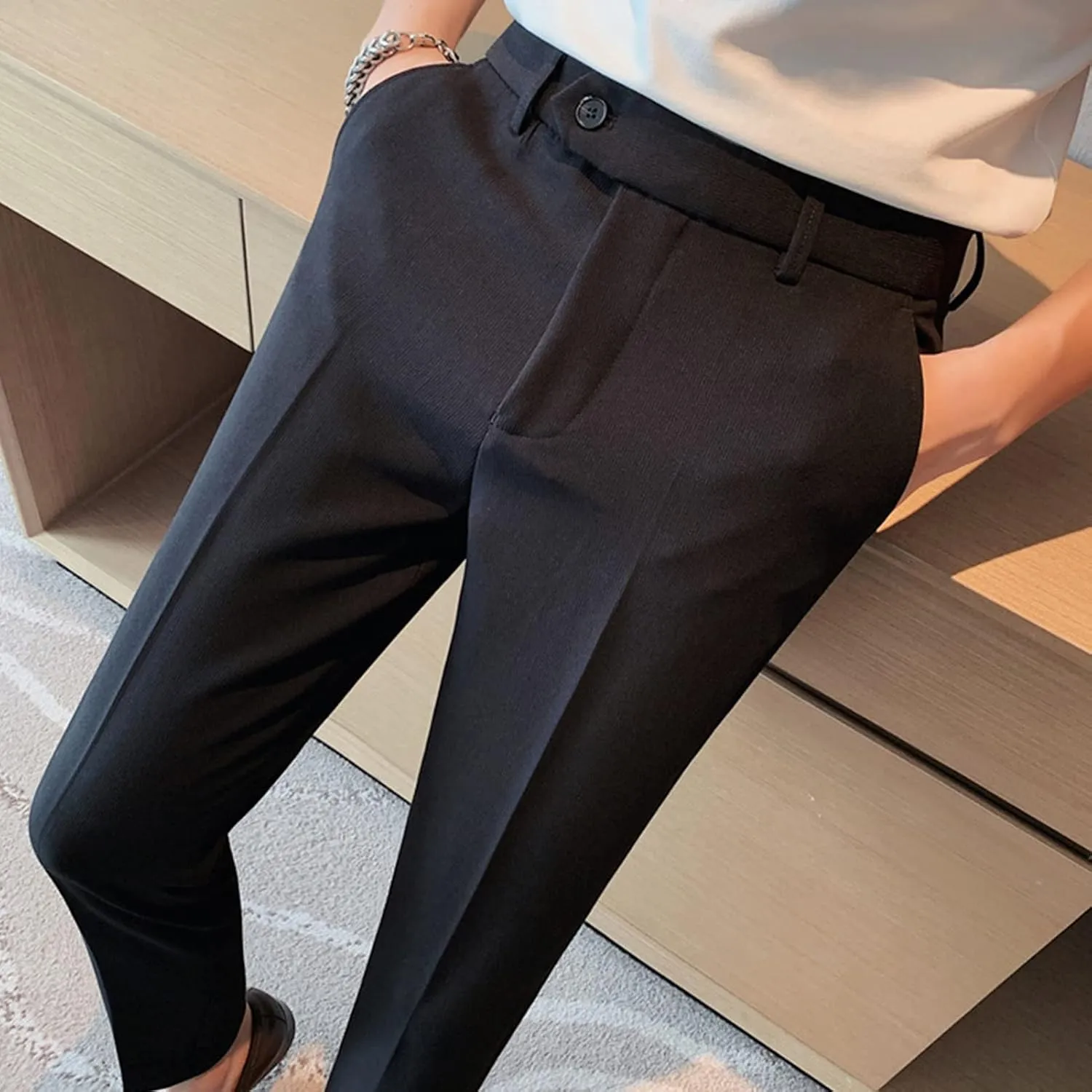 DGHM-JLMY Men's Summer Thin British Cropped Pants Slim Fit Ankle-Length Dress Pants Stretch Cropped Skinny Pants